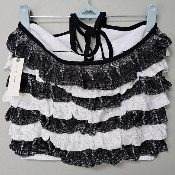 Maeve Anthropologie Women's Halter Ruffle Sweater Tank, Black & White Stripe - Picture 7 of 12